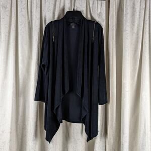 Chicos Travelers Black Open Front Zippers on Shoulders Slinky Cardigan sz 2 (L)